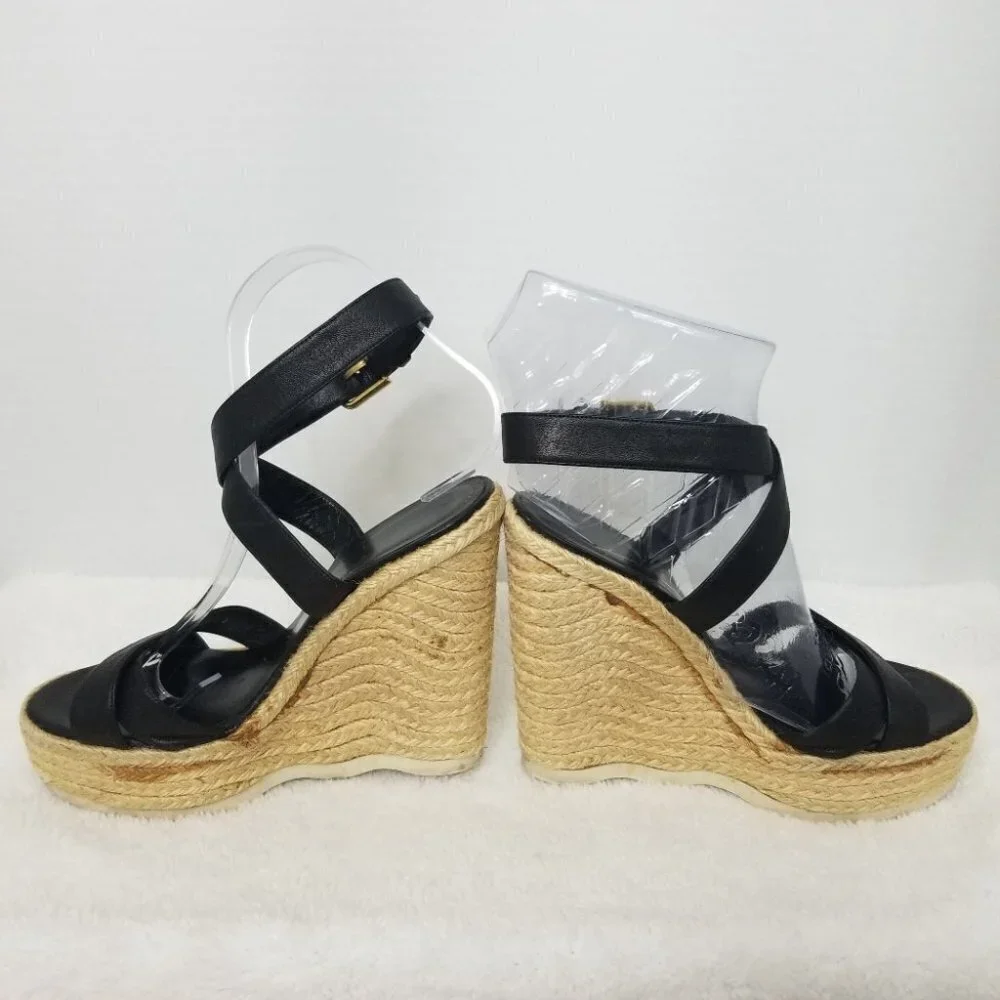 PRICE DROP-YSL Yves Saint Laurent Espadrille Wedge Black Leather Sandal